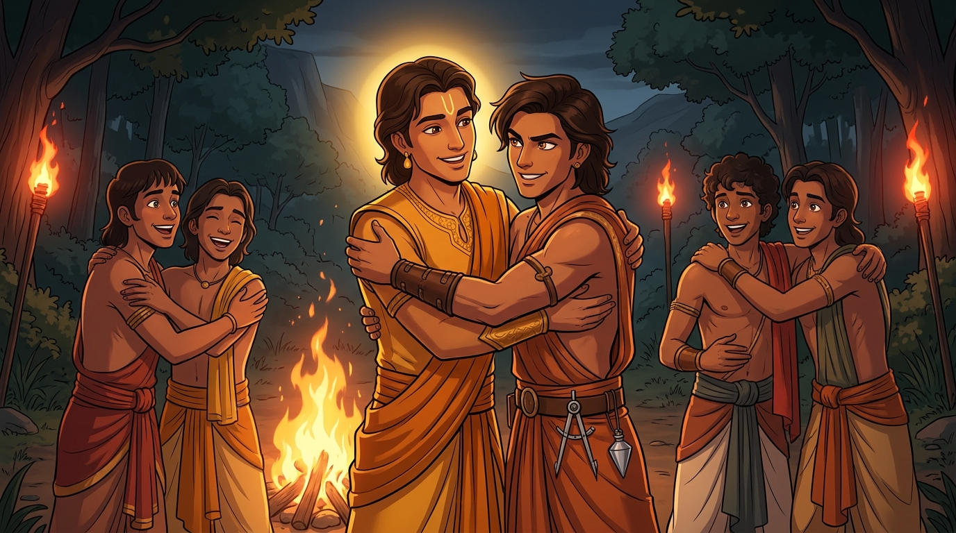 Campfire reunion: Arthapala arrives at roaring campfire embraced by Rajavahana and the companion princes