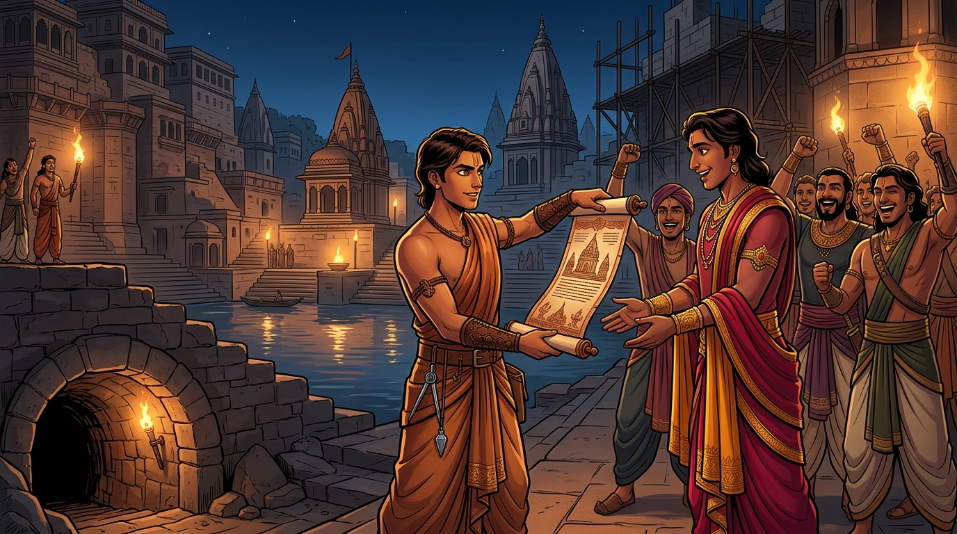 Arthapala presents Kashi sacred alliance scroll to Crown Prince Rajavahana amidst triumphant cheers