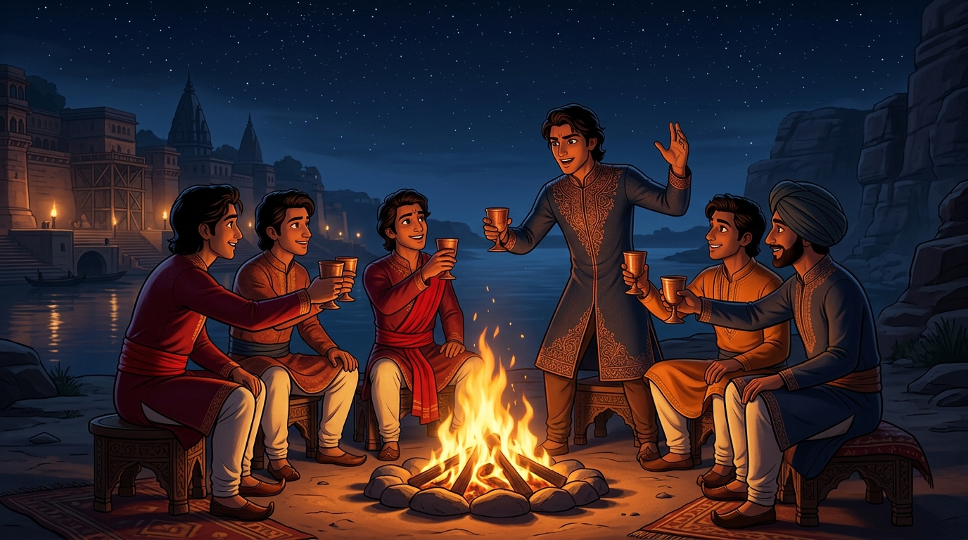Closing wide shot: The six companion princes around blazing campfire as Rajavahana speaks of Prince Pramati in Shravasti