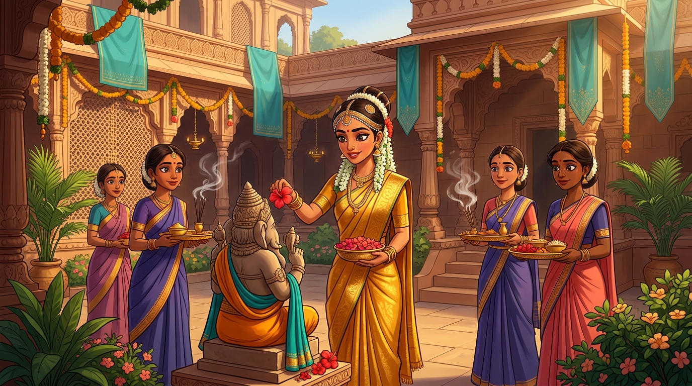 Temple courtyard: Princess Navamalika offering red flowers surrounded by maidservants with golden trays