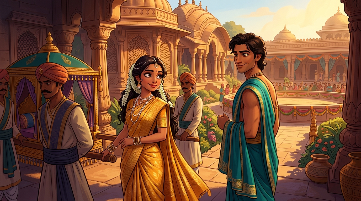 As royal guards escort Princess back to palanquin she turns with a gentle lingering smile