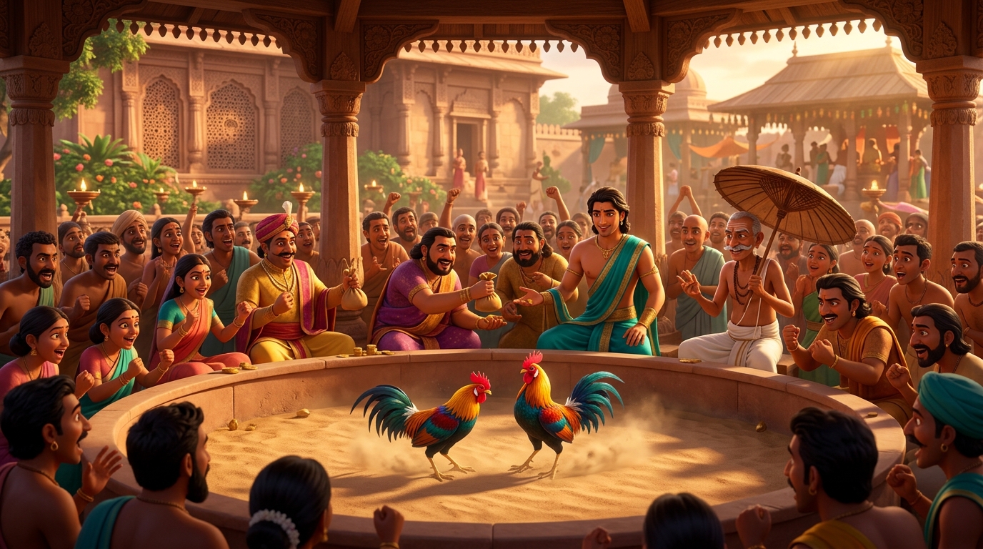 High-stakes circular arena of Shravasti: Roaring crowds and nobles placing massive wagers around sand pit