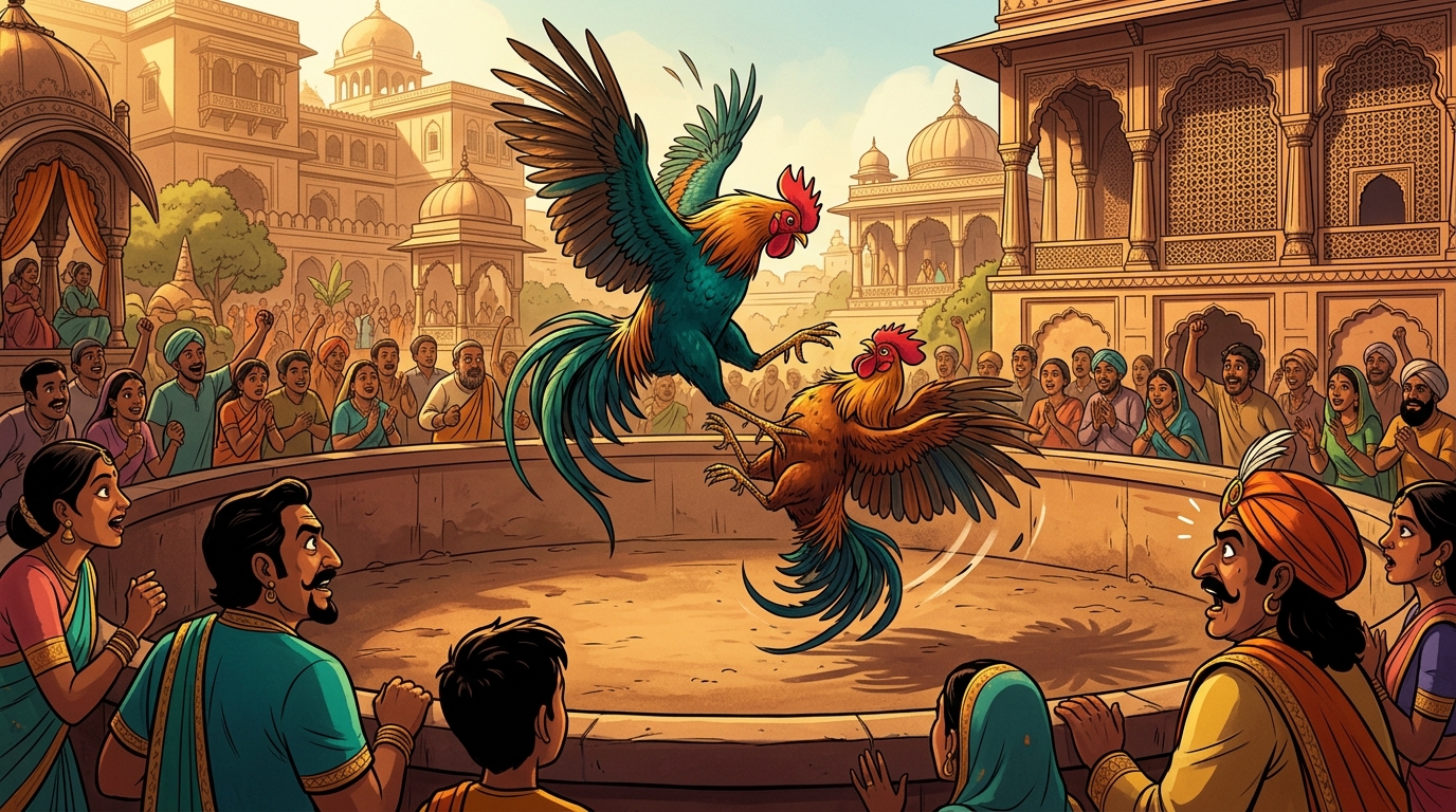 Dynamic action: Pramati rooster leaps striking down the champion bird of general Dhanapalaka with talon strike