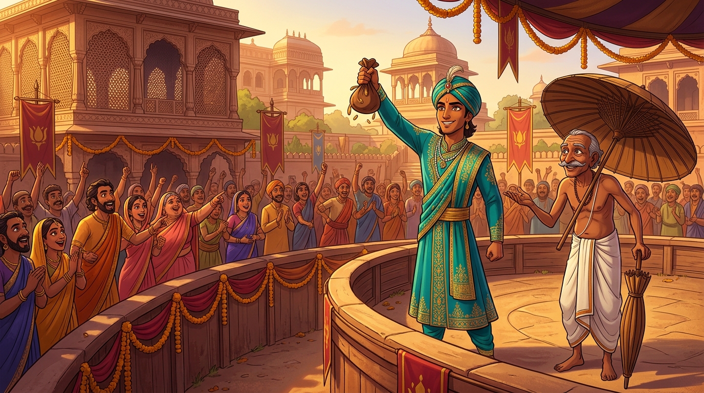 The entire arena cheers wildly as Pramati collects ten thousand gold dinars establishing instant fame