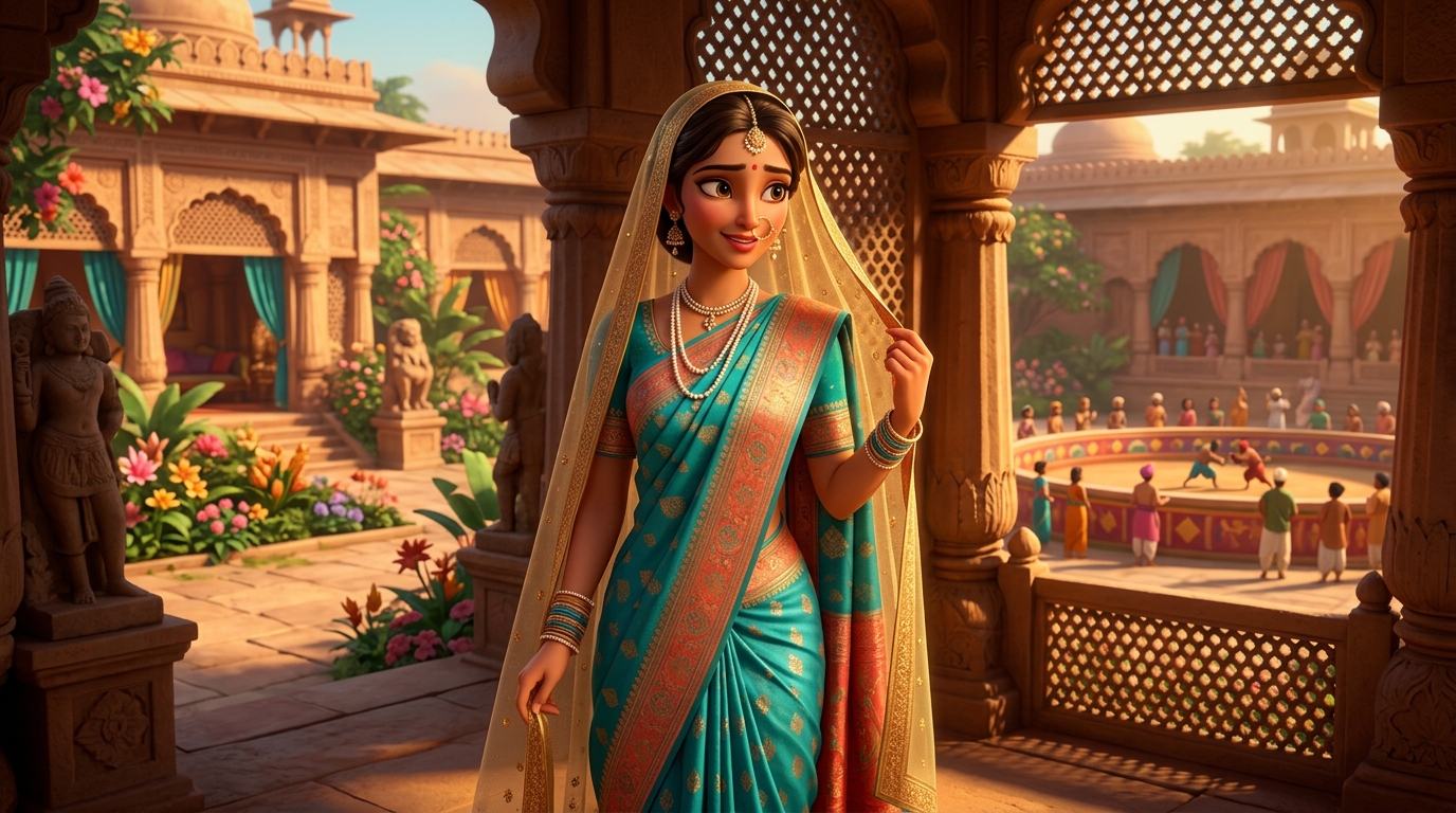 Masterclass in disguise: Pramati transforms into the bashful aristocratic maiden Tarangavali in turquoise silk