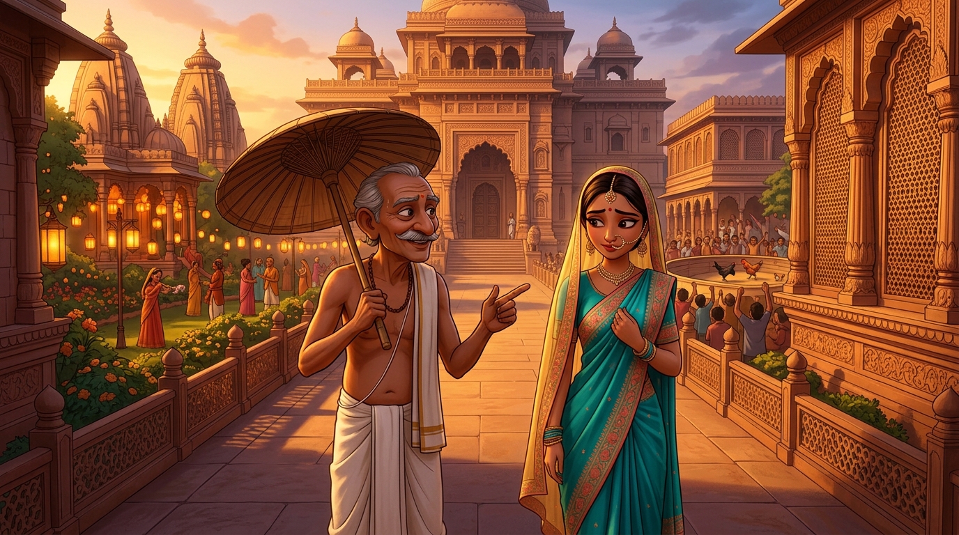 Pinchalika adopts persona of wealthy merchant father leading his daughter toward the palace of King Sinhavarma