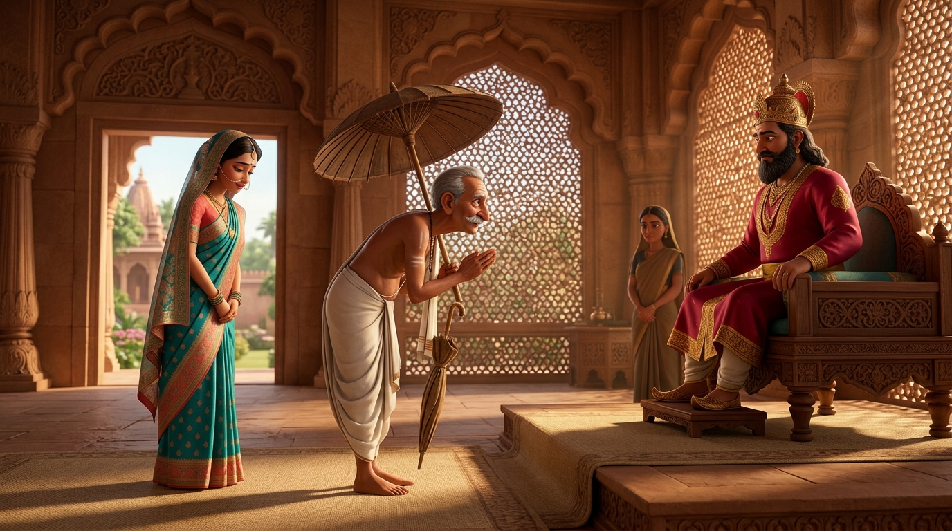 Royal audience hall: Pinchalika bows requesting his daughter be sheltered in harem under Princess Navamalika