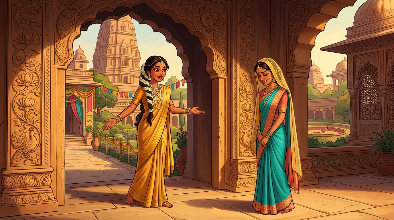 Inner palace entrance: Princess Navamalika welcomes the new maiden with radiant warmth into secluded gardens