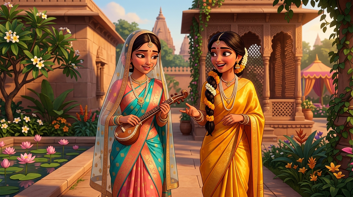 Strolling through private lotus garden: The two companions share poetry, veena music, and laughter behind jali screens