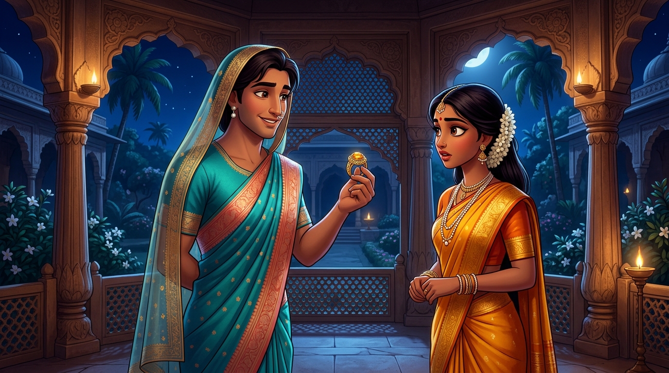 Moonlit pavilion: In absolute privacy Tarangavali reveals his true identity as Prince Pramati with signet ring
