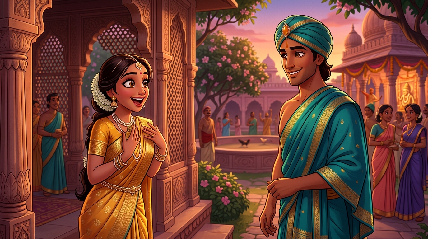 Princess Navamalika gasps in wonder and joy realizing her beloved champion stands before her