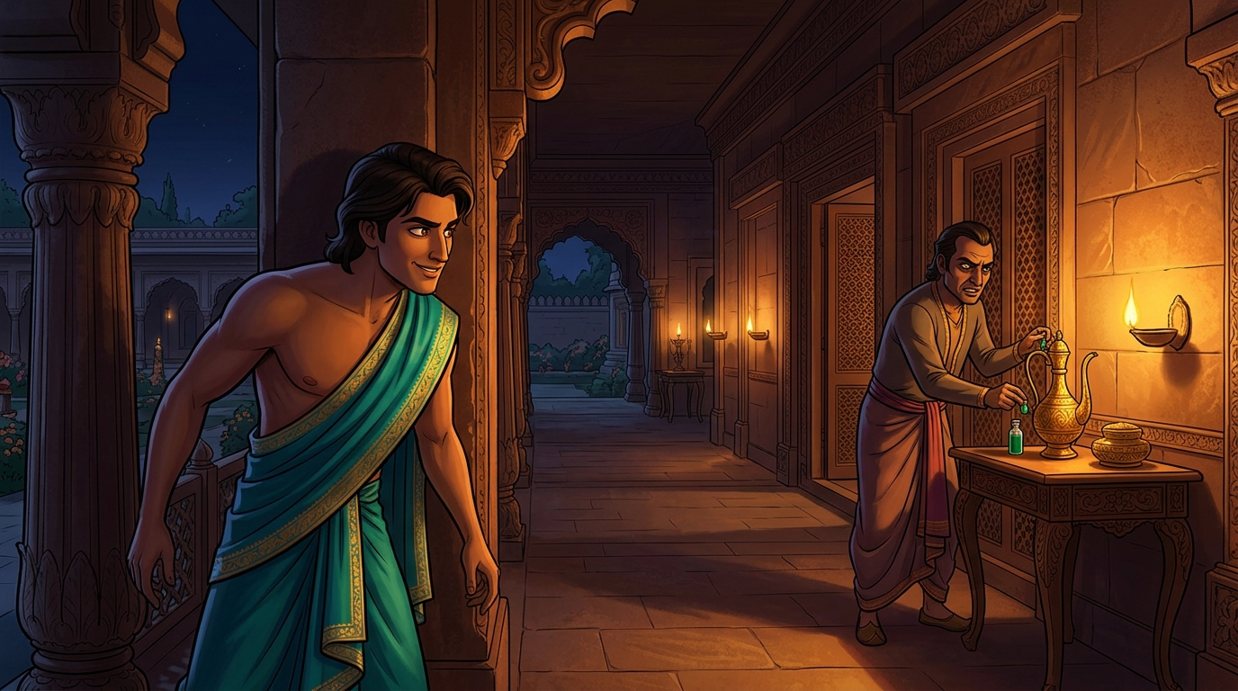 Night reconnaissance: Pramati spots corrupt minister Raktaksha slipping emerald poison into King wine flagon