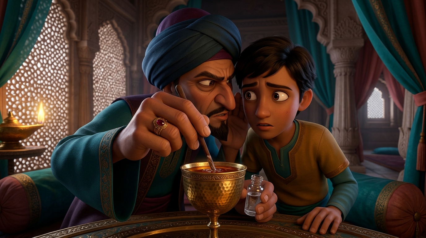 Macro close-up: Sinister minister stirring colorless poison into spiced royal wine whispering treasonous orders