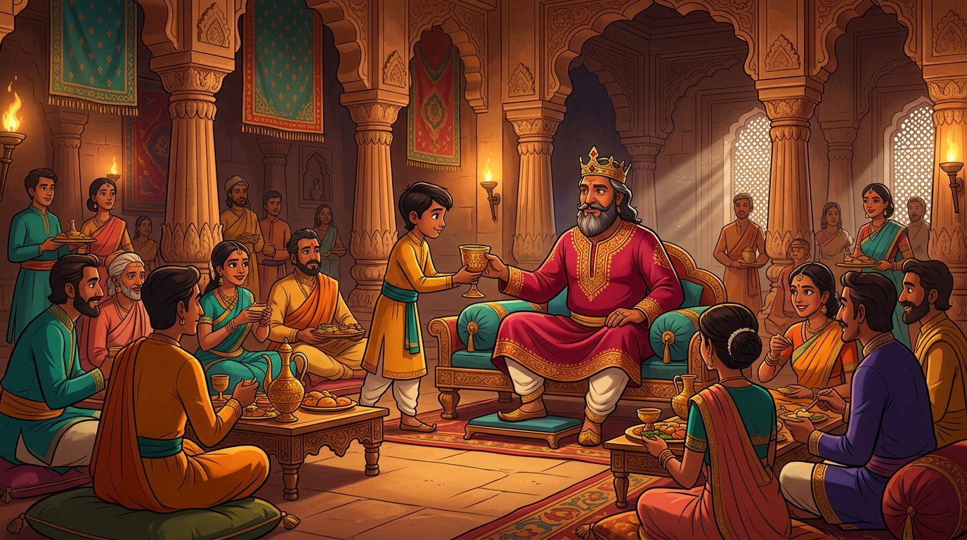 Grand banquet hall: King Sinhavarma seated upon divan as cupbearer approaches with golden goblet
