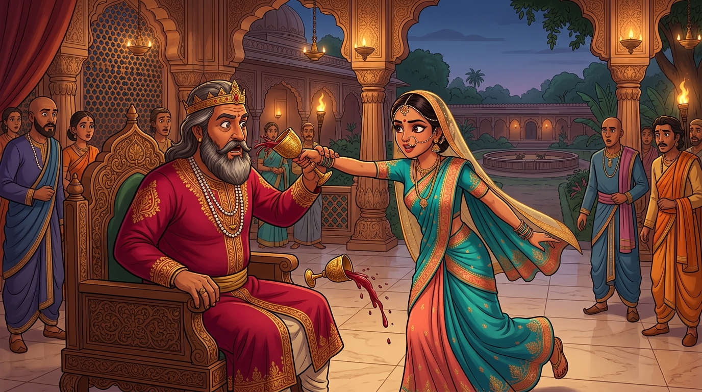 Dramatic action: Tarangavali strikes the golden cup from the King hand spilling wine across marble