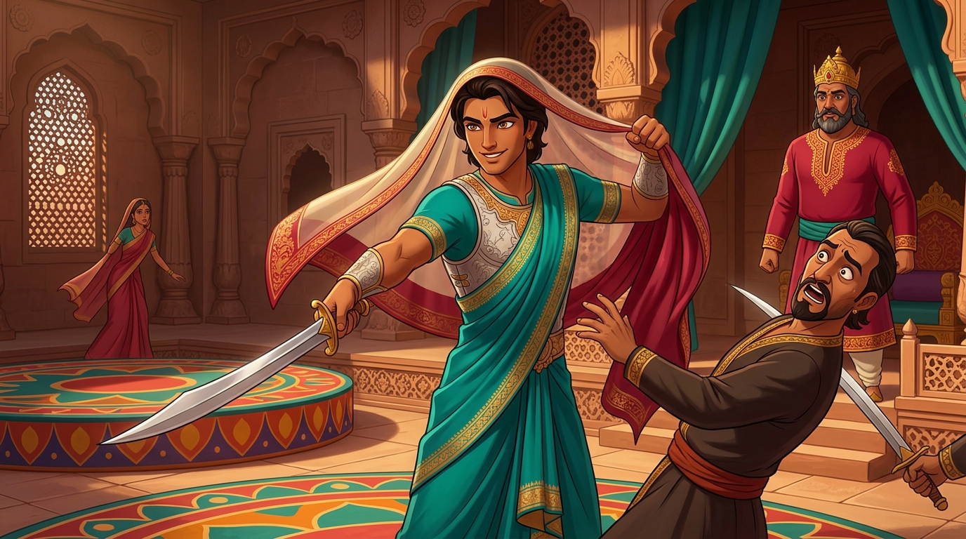Climax: Pramati casts aside veil standing revealed as armored prince drawing sword disarming Raktaksha