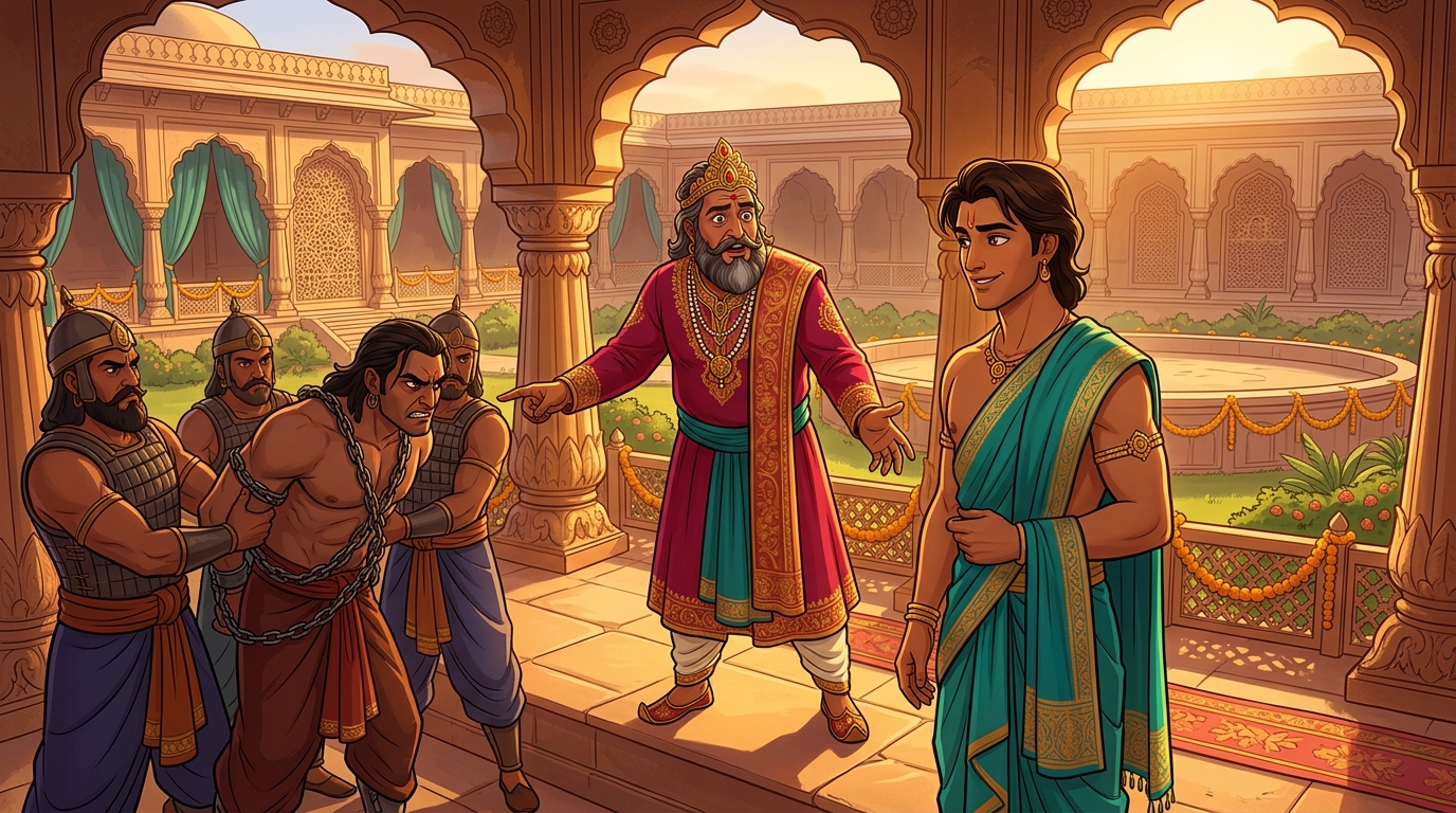 Royal justice: King Sinhavarma orders Raktaksha into heavy chains publicly hailing Pramati as savior