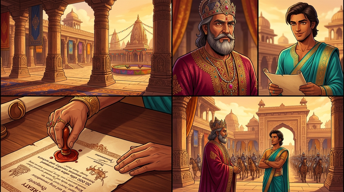 Military treaty signed: King Sinhavarma pledges twenty thousand elite Kosala cavalry to Magadha