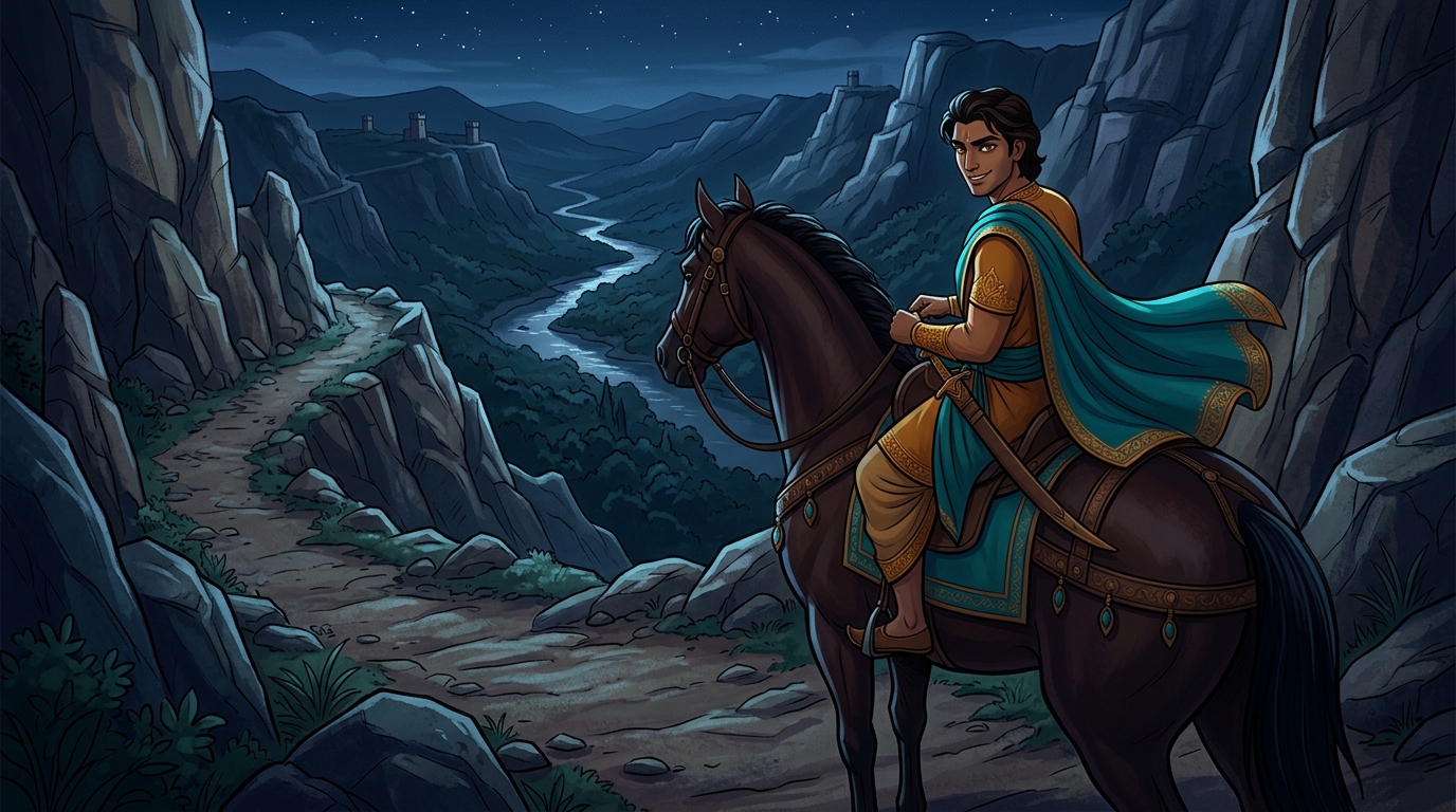 Prince Pramati mounts war stallion riding south through moonlit mountain trails of Vindhyas