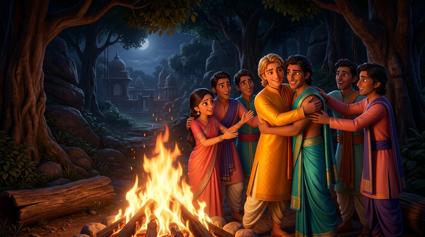 Campfire reunion in Vindhyatavi: Pramati arrives warmly embraced by Rajavahana and companion princes