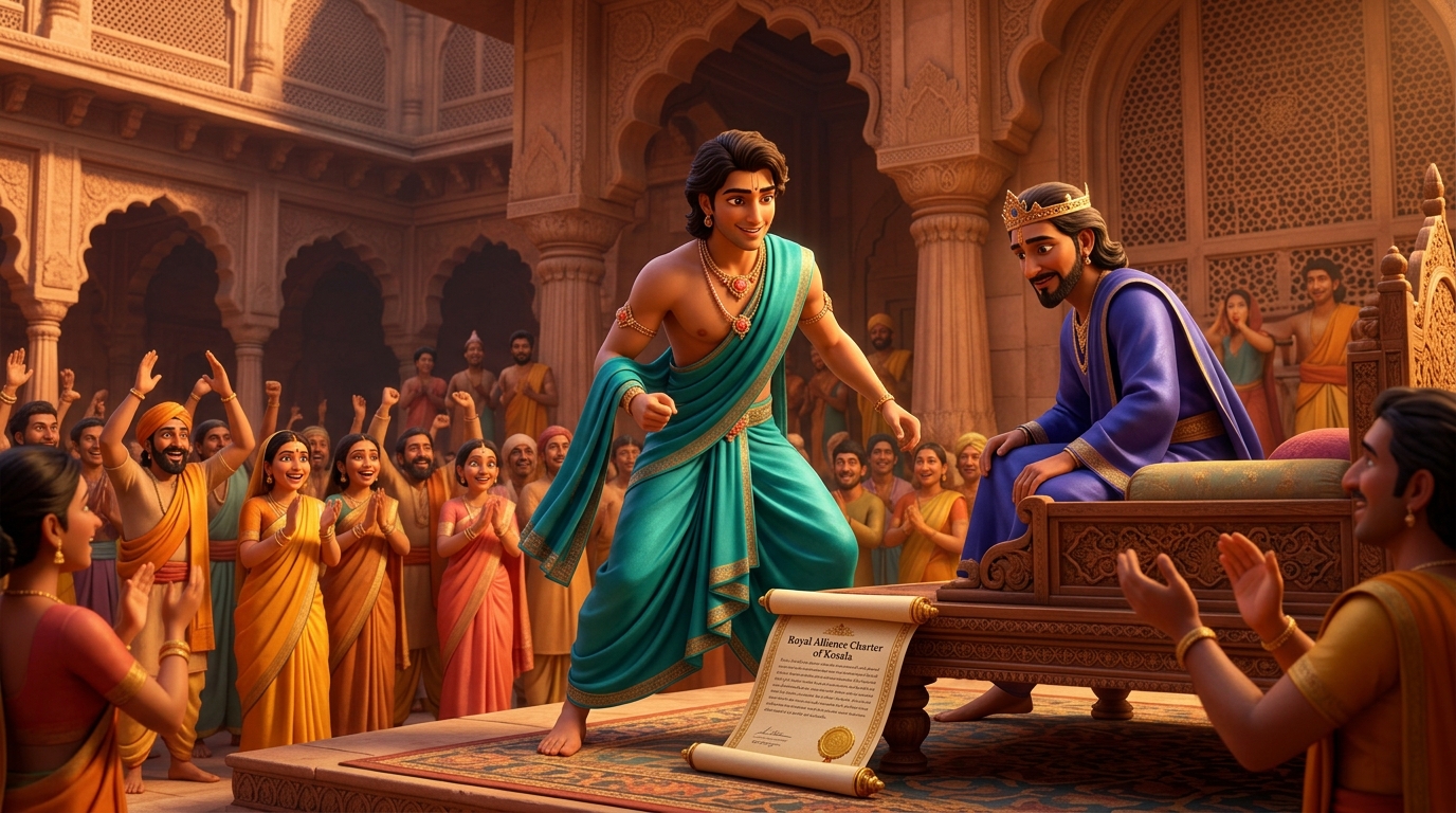 Pramati presents Kosala alliance charter to Crown Prince Rajavahana amidst deafening cheers