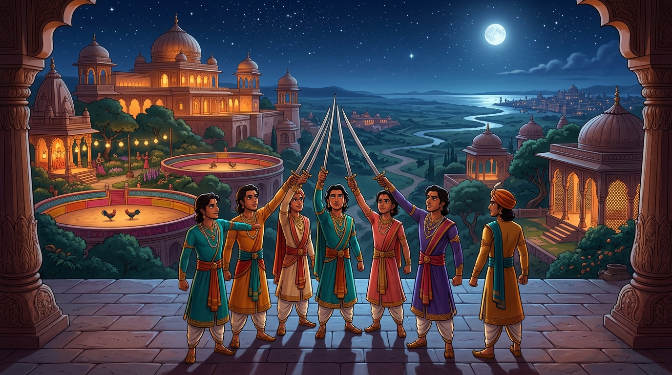 Closing wide shot: The seven companion princes around blazing campfire as Rajavahana turns toward Damalipta for Mitragupta