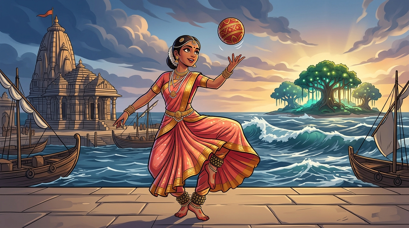 Oceanfront temple terrace: Princess Kandukavati performs sacred ball dance bouncing red-and-gold ball