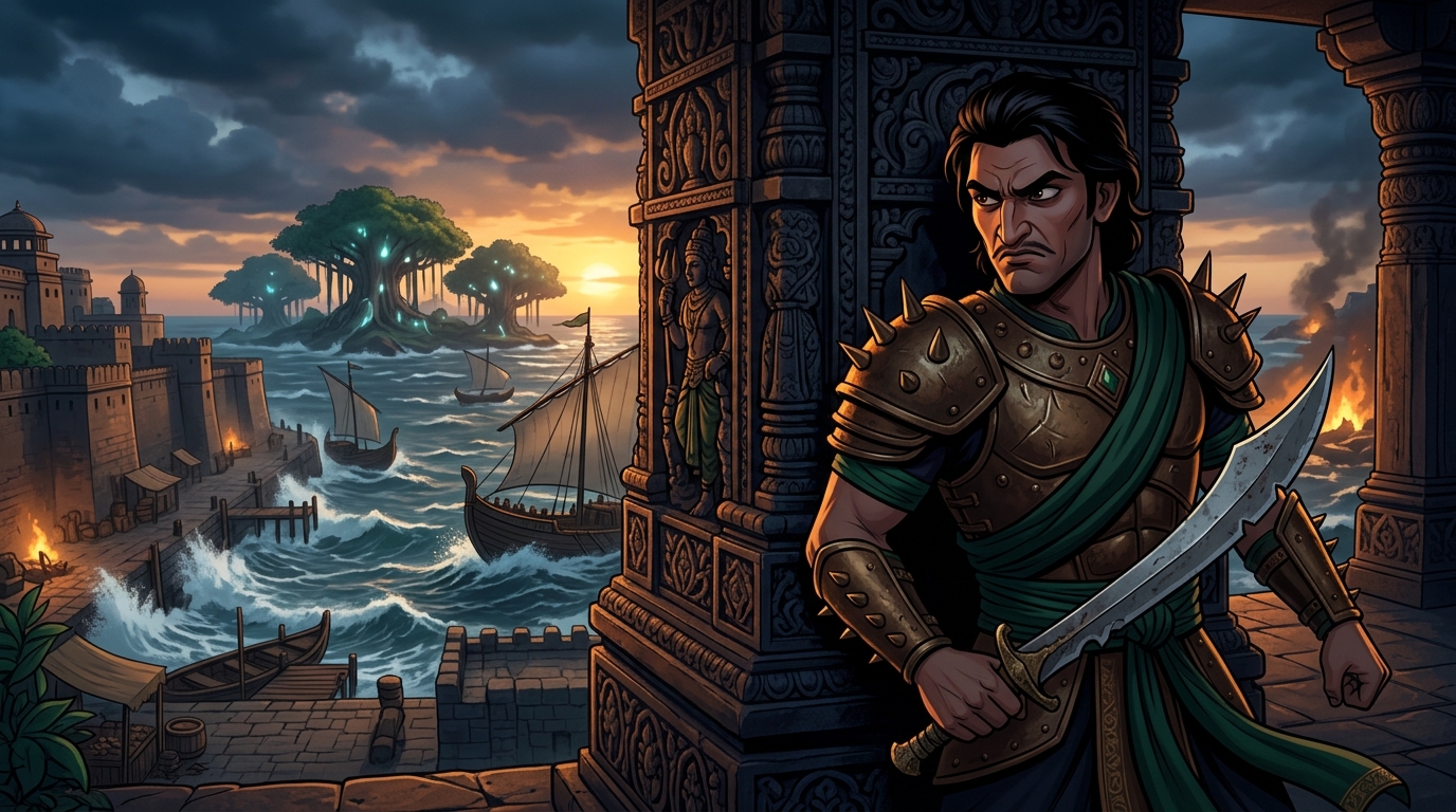 From shadows of temple pillar jealous tyrant Prince Bhimadhanva watches encounter plotting vengeance