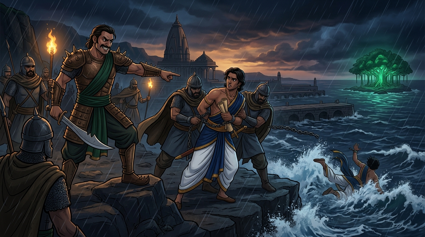 Night ambush: Bhimadhanva mercenaries bind Mitragupta in heavy chains and cast him from cliff into ocean