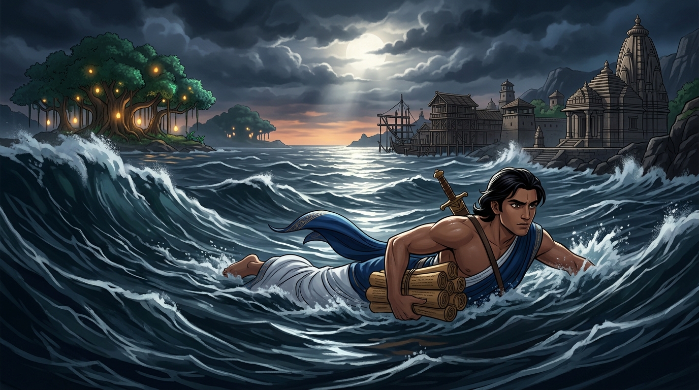 Mitragupta swimming through mountainous ocean waves with supreme endurance under silver moonlight