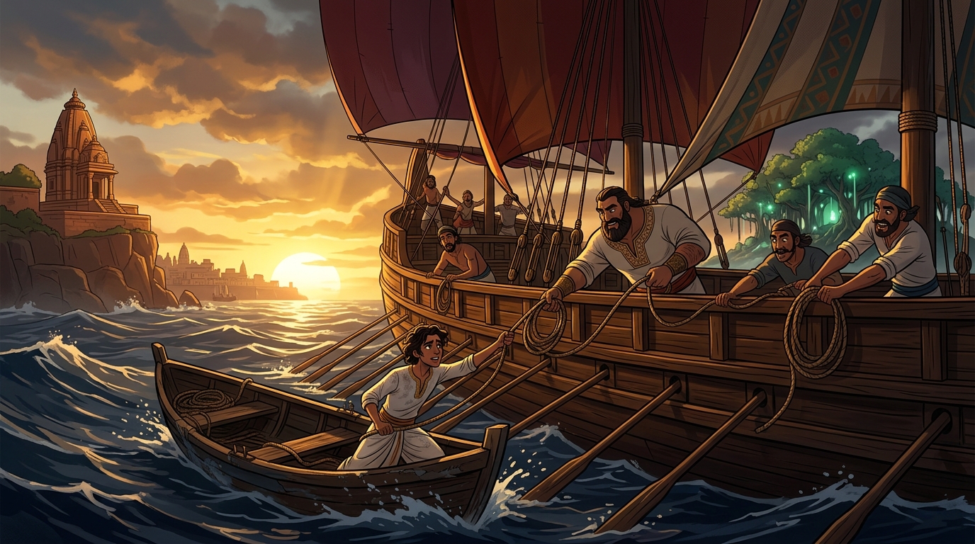 Dawn open sea: Massive foreign Yavanas merchant galley approaches sailors throwing ropes to haul prince