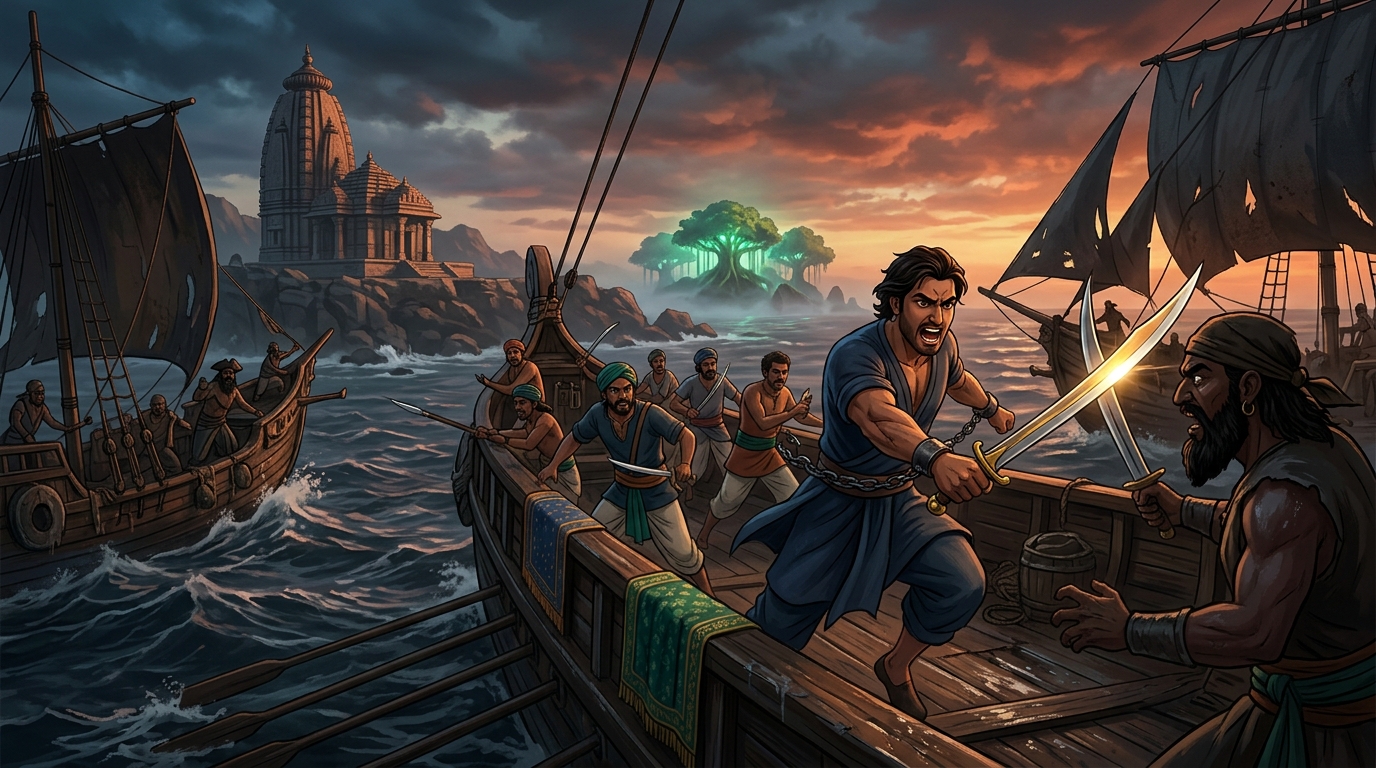 Dynamic naval battle: Ferocious sea pirates attack merchant galley Mitragupta breaks chains leading defense