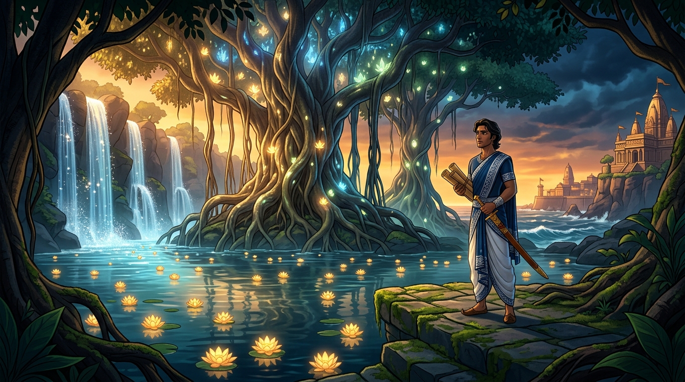 Wide shot of enchanted island interior with giant luminescent banyan trees and floating golden lotuses