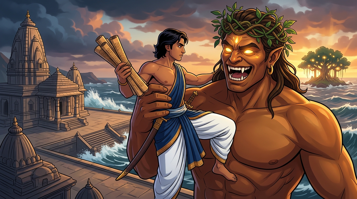 Sudden confrontation: A colossal ten-foot forest Rakshasa emerges lifting Mitragupta into the air