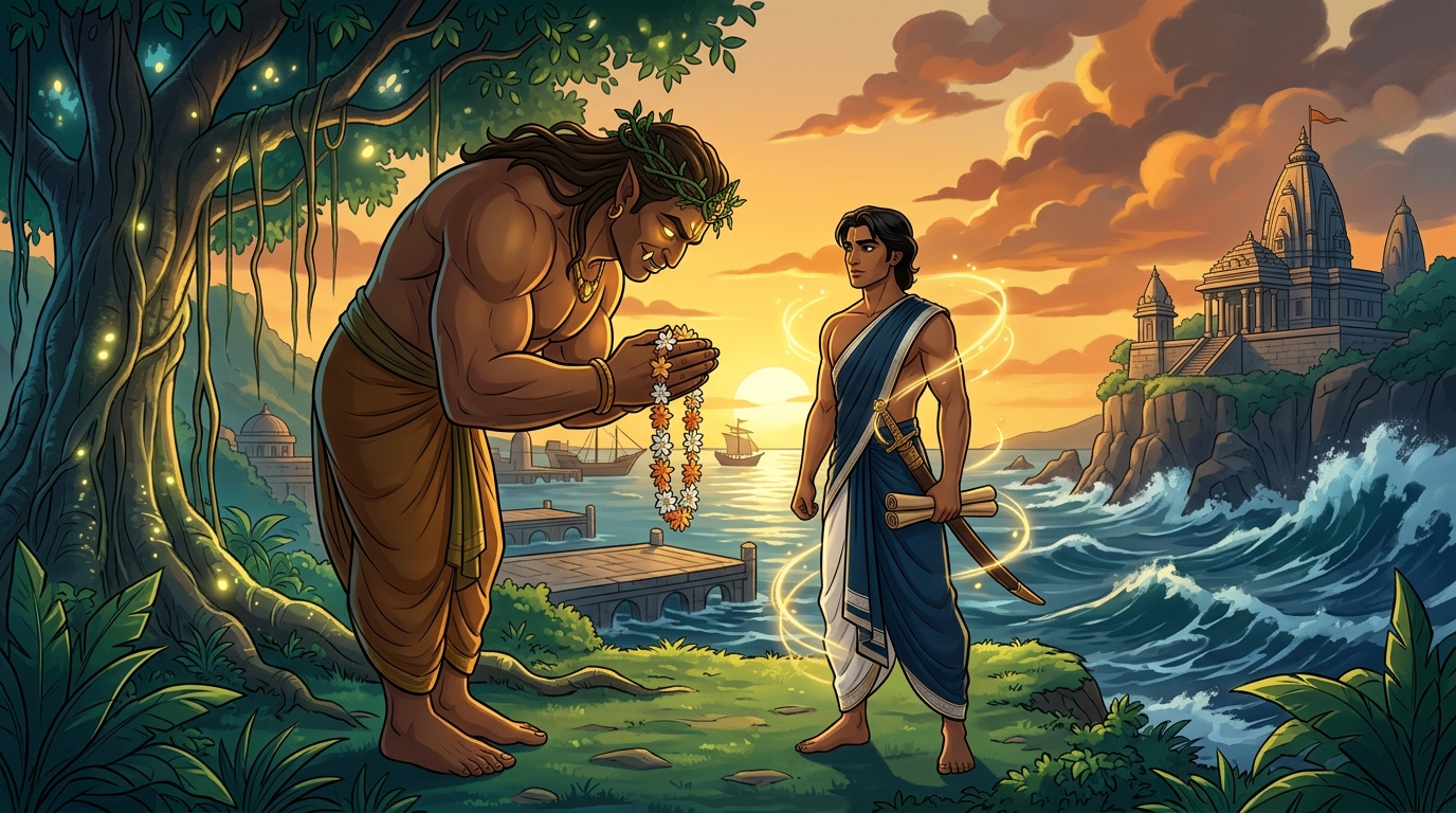 The grateful Yaksha bows bestowing power of aerial flight Khechara-vidya upon Mitragupta