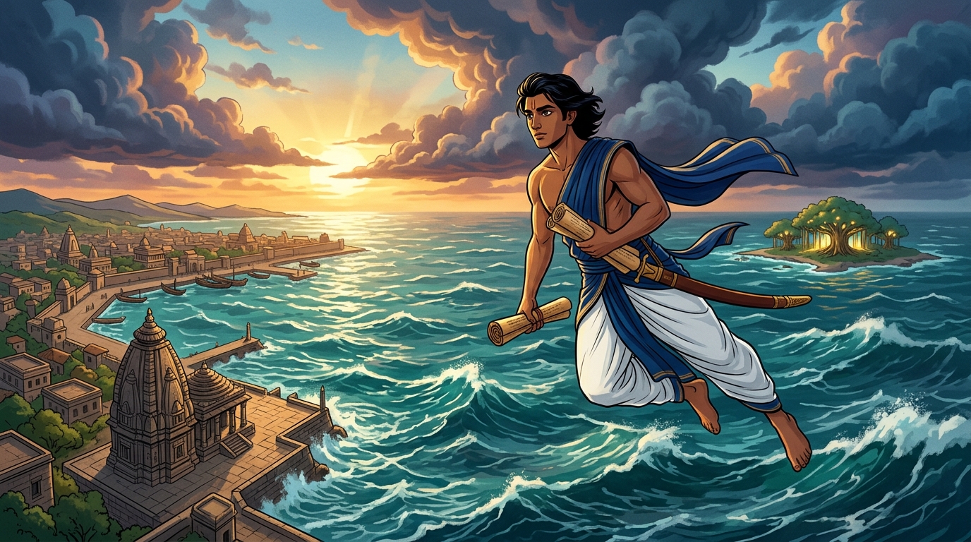 Breathtaking aerial shot: Prince Mitragupta flying high above turquoise ocean and sunset storm clouds
