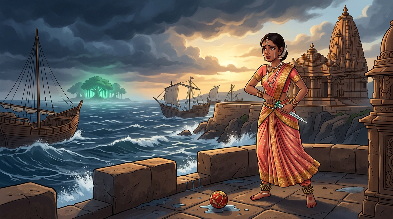 Princess Kandukavati prepares to draw hidden dagger to end life rather than submit