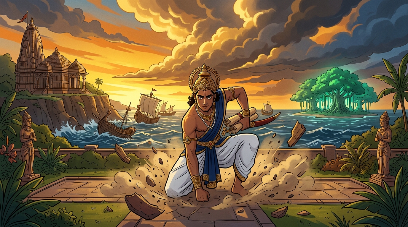 Dramatic entrance: Prince Mitragupta descends from storm clouds landing with thunderous shockwave