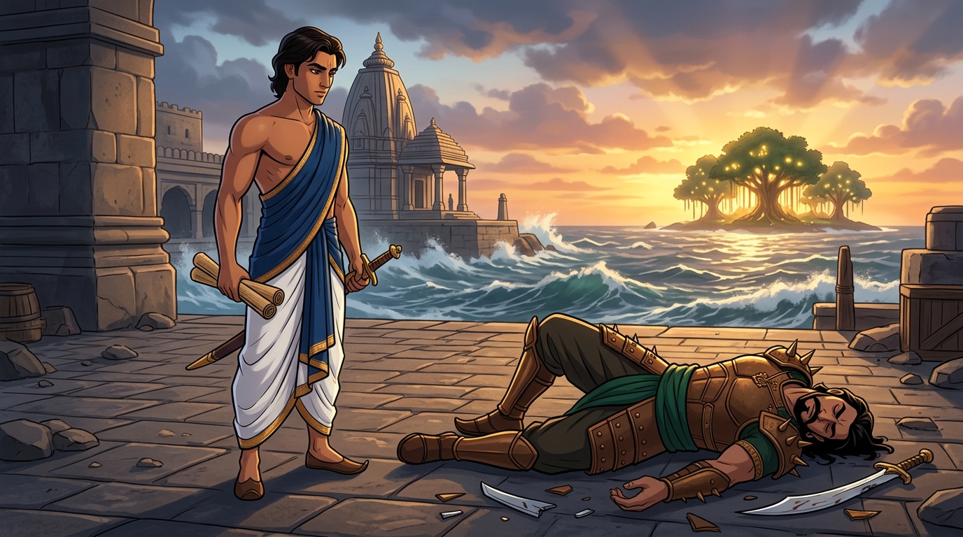 Climax duel: Bhimadhanva charges with scimitar but Mitragupta parries shattering blade knocking him down