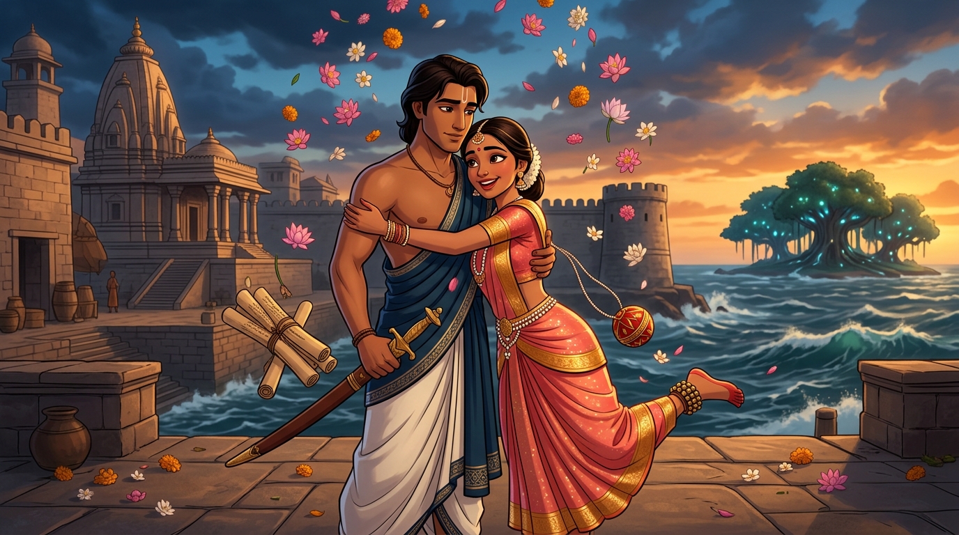 Princess Kandukavati drops dagger rushing into Mitragupta arms amidst showers of temple flowers