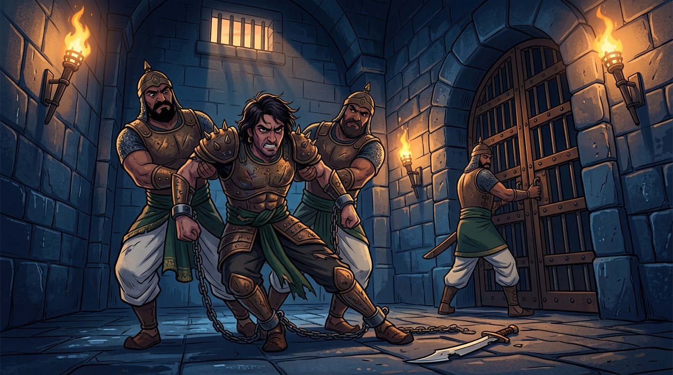 Justice: The disgraced Bhimadhanva is stripped of titles and dragged in chains into dungeons