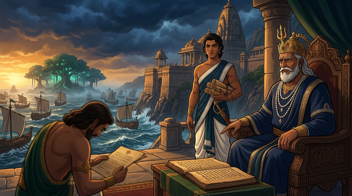Naval treaty signed: King Tungadhanva pledges thirty thousand marines and fifty war galleys to Magadha