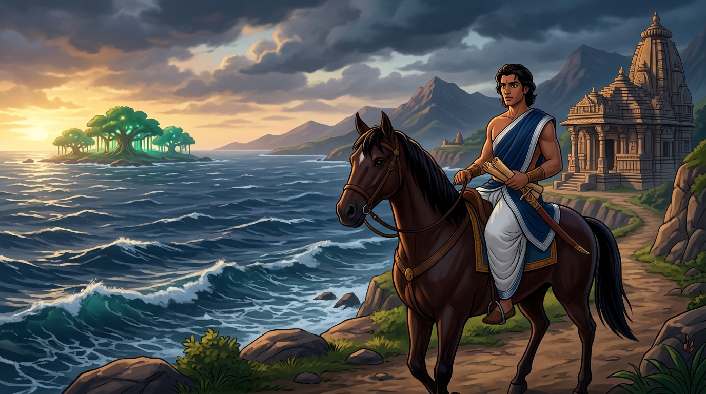 Mitragupta mounts his steed riding westward along ocean trails toward Vindhya mountains