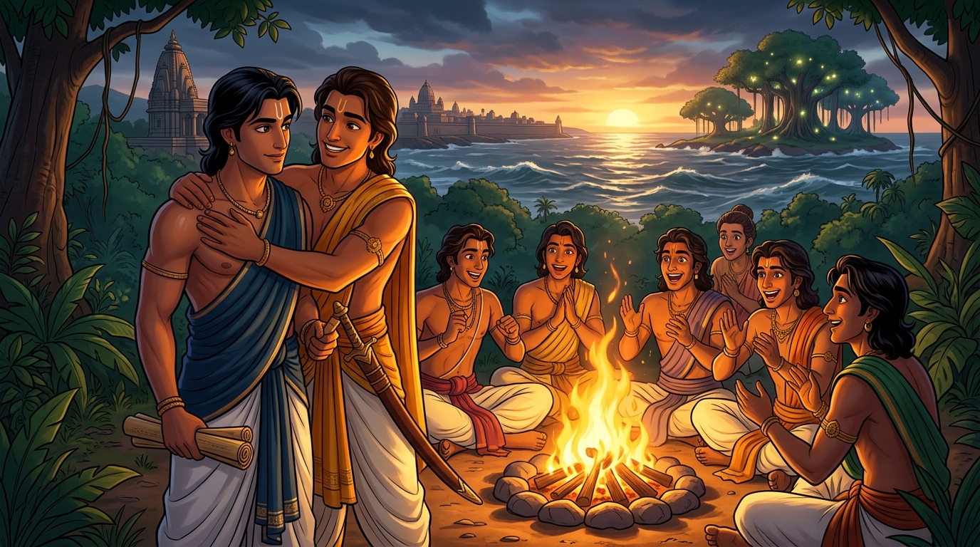 Campfire reunion in Vindhyatavi: Mitragupta arrives embraced by Rajavahana and seven companion princes