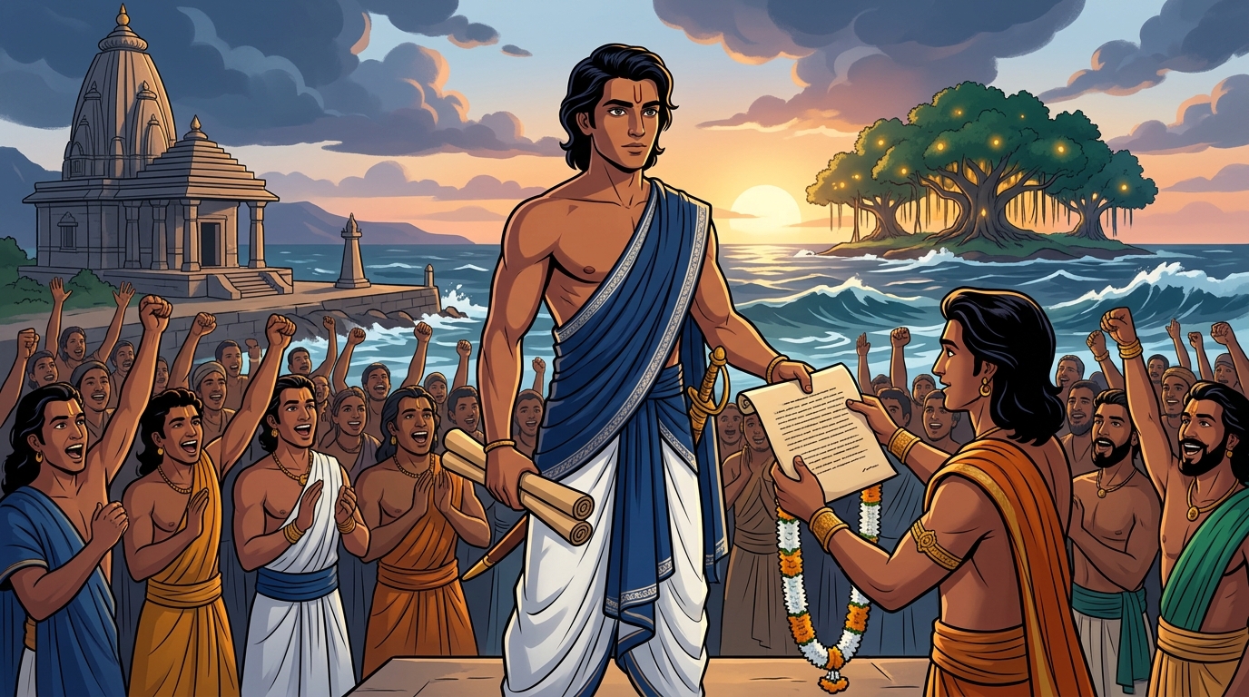 Mitragupta presents Suhma naval charter and Yaksha celestial garland to Crown Prince Rajavahana