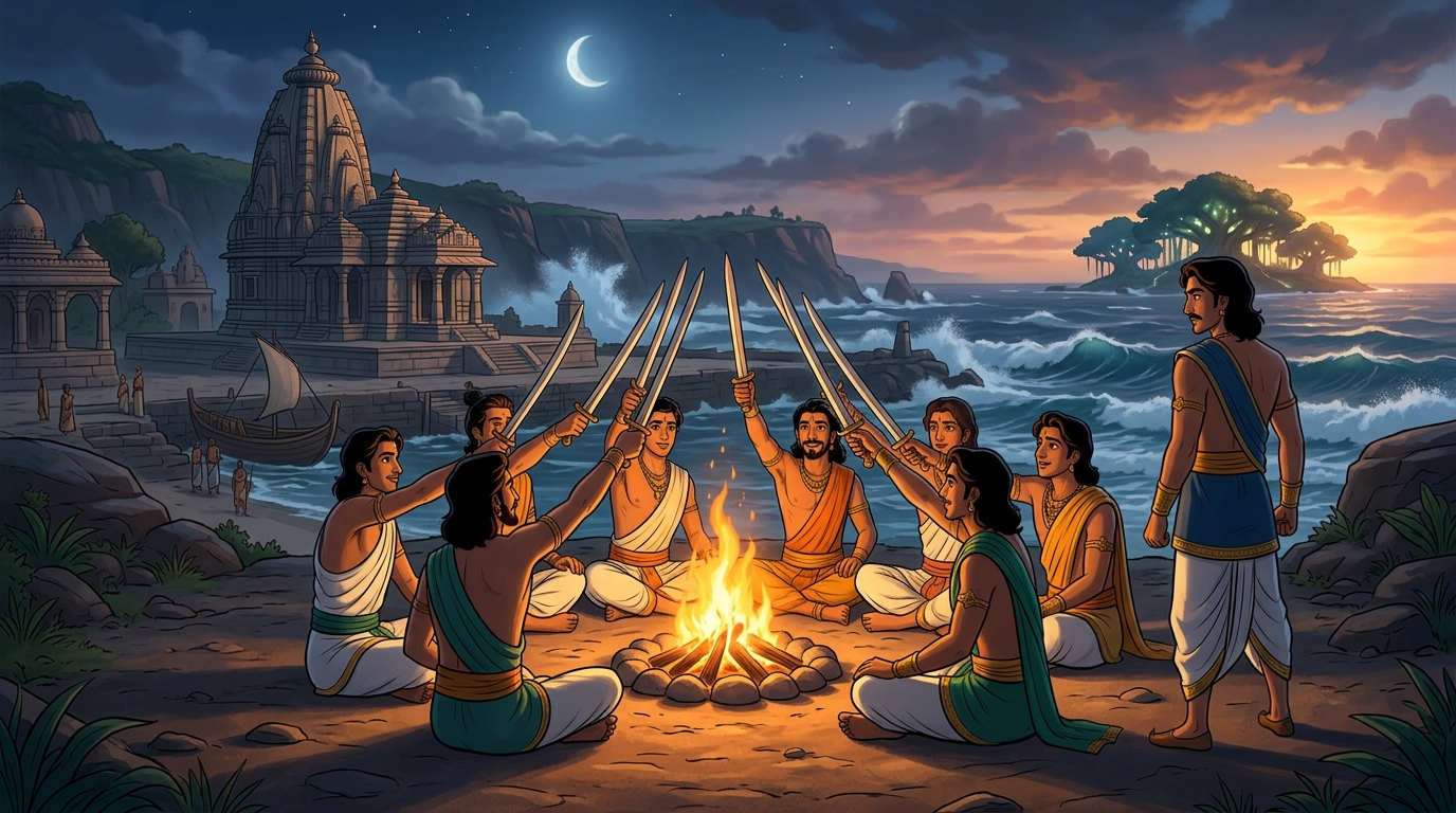 Closing wide shot: The eight companion princes raise swords as Rajavahana turns south toward Kalinga for Mantragupta