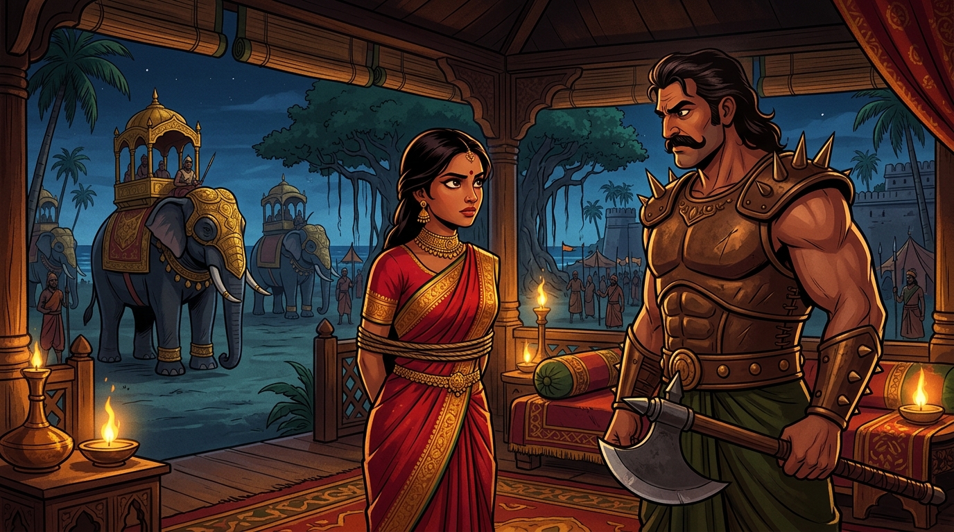 In Andhra pavilion: Captured Princess Kanakalekha stands bound in silk cords defying King Kardana