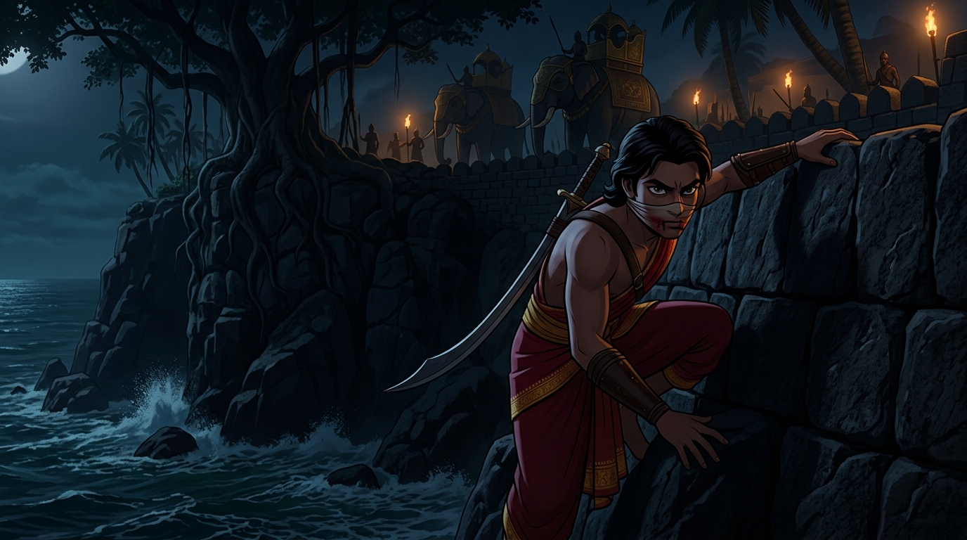 Midnight infiltration: Mantragupta slips silently through foaming surf scaling seaside palisade