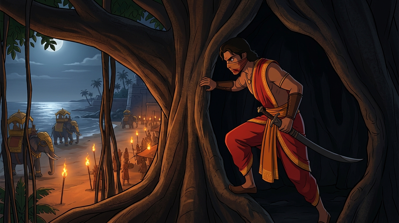 Hidden shelter: Mantragupta climbs inside hollow trunk of colossal banyan tree overlooking beach