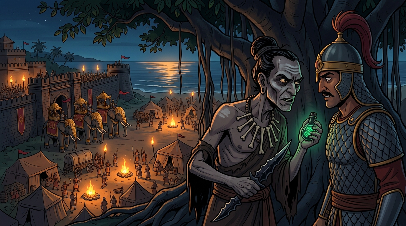 In shadows: Sinister sorcerer Kankalika confers with traitorous captain preparing tantric poison to kill King Kardana